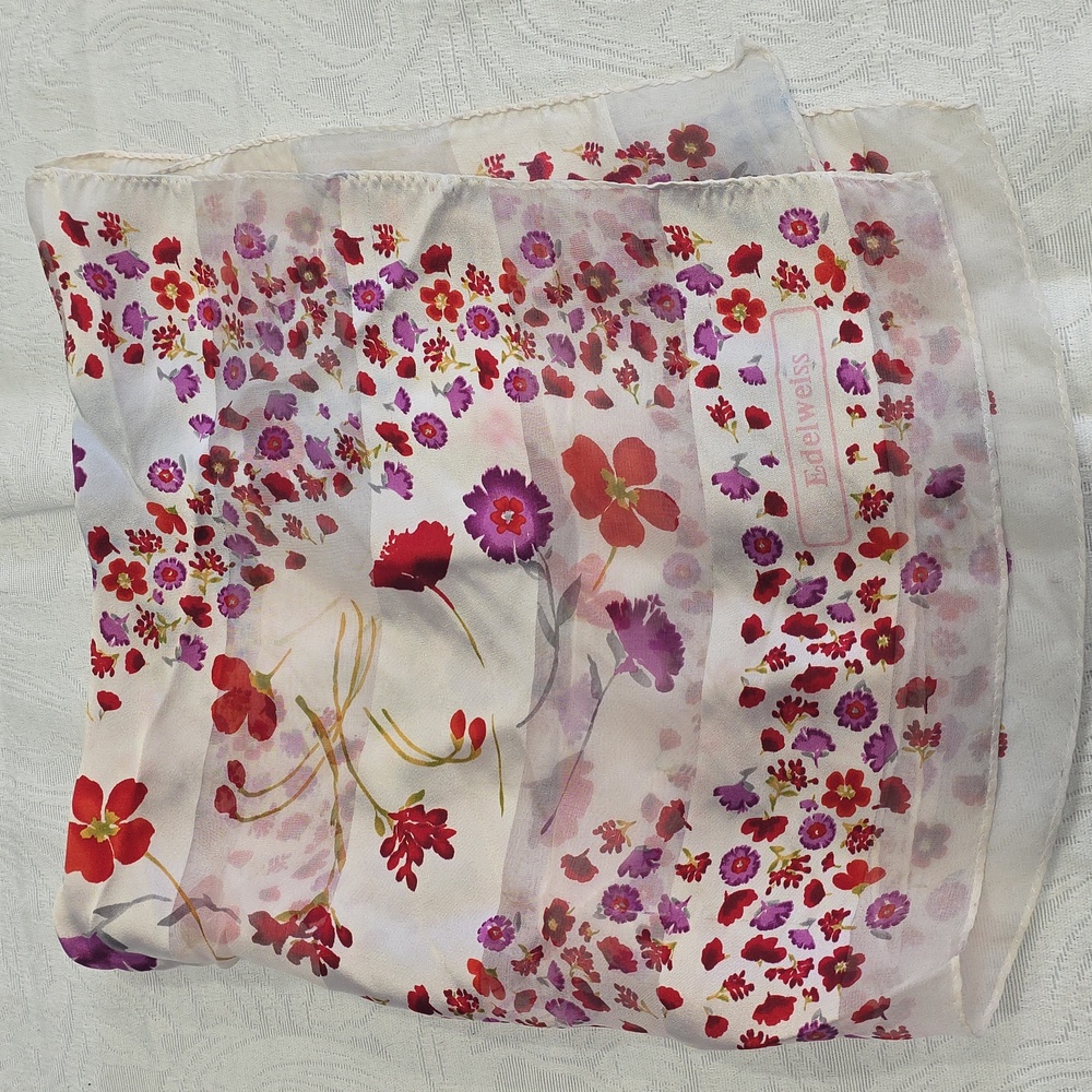 Edelweiss Vintage Floral Square Scarf Sheer White Red Purple / FLAWED; AS IS